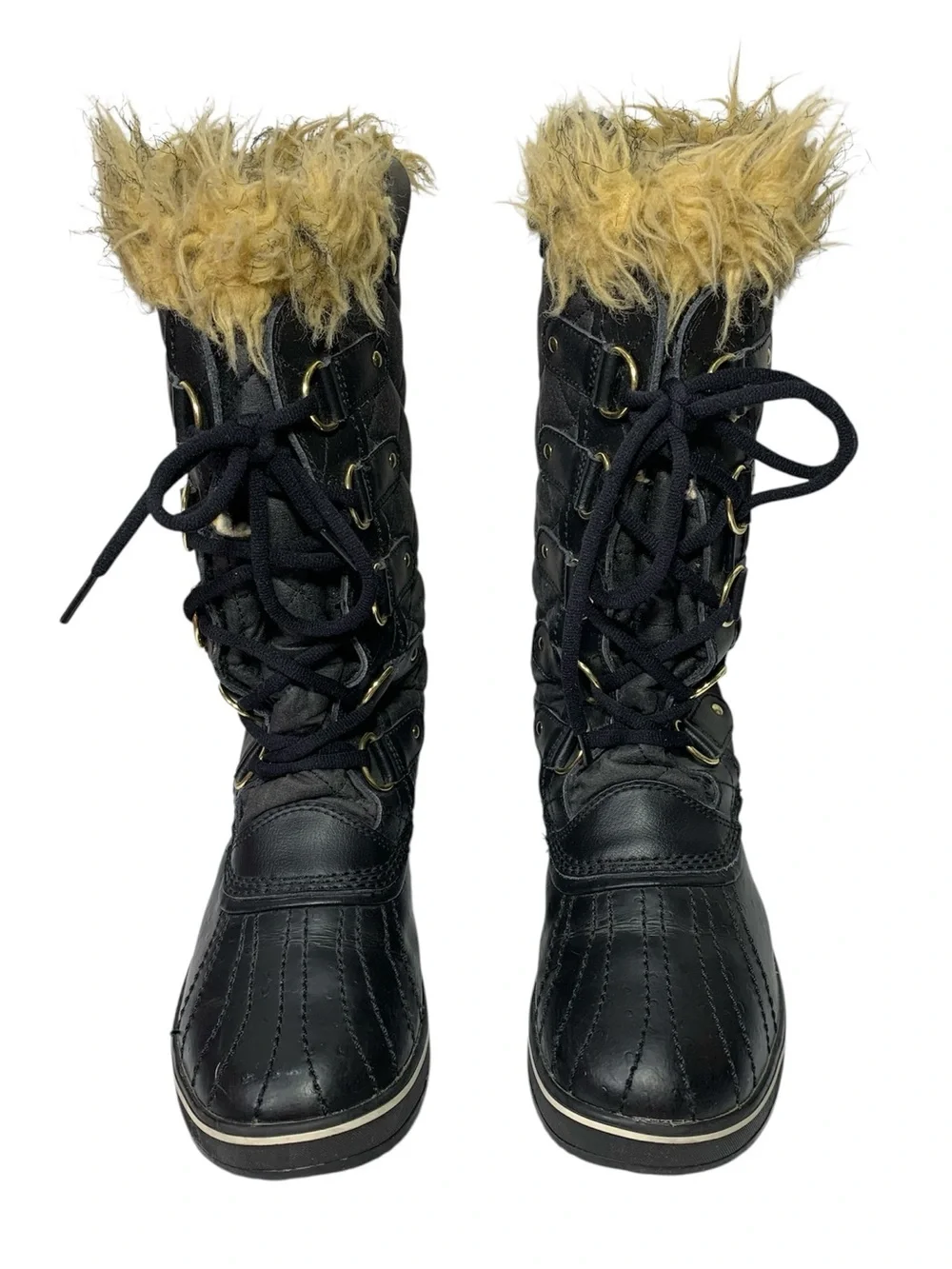 Sorel Tofino Canvas Winter Waterproof Lace Up Black Boots Faux Fur TanTrim 9.5